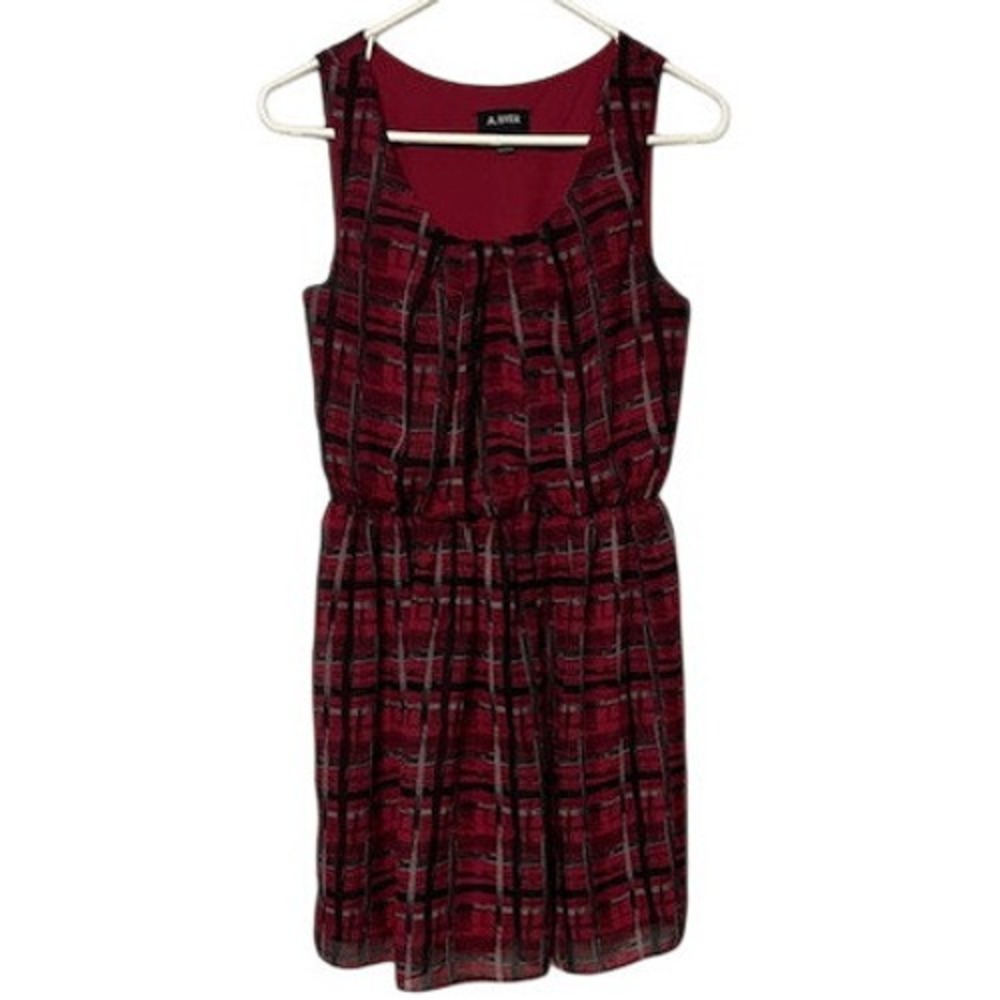 A. Byer Womens Red Black Plaid Sleeveless Mini Dress Elastic Waist Scoop Neck